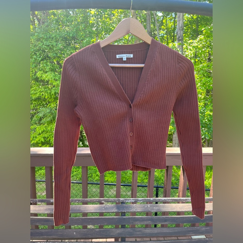 Reformation Brown Ribbed Cardigan Sweater V-Neck Cropped